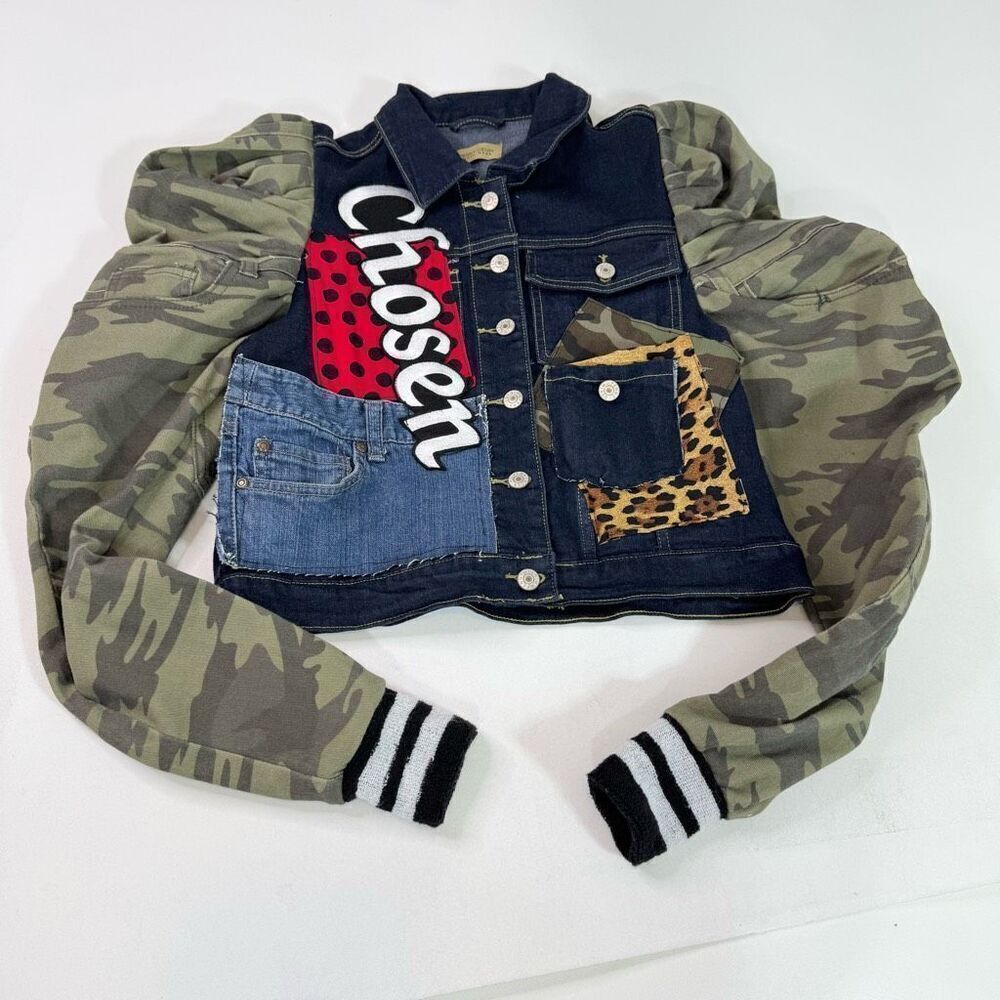 Vintage Penny Denim Jacket Womens Small Patchwok Mixed Media Urban Y2K 90s Camo